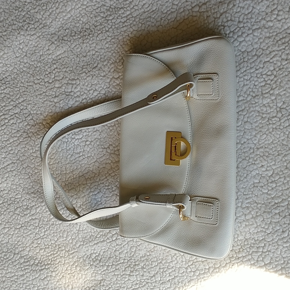 Kate Landry White Faux Leather Shoulder Handbag Gold Tone Hardware Flap Closure